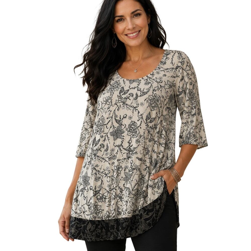 J. Jill Wearever Collection Floral Border Tunic Womens Large White Black Top